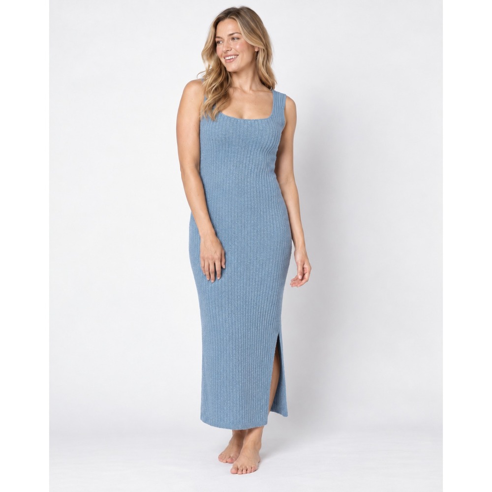 Barefoot Dreams CozyChic Ultra Lite Azure Blue Ribbed Square Neck Dress Sz L NWT